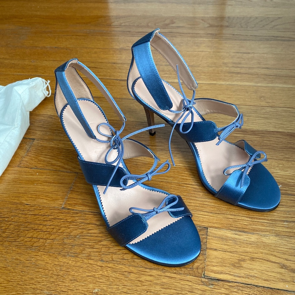 J. Crew Collection Rylie Lace-Up Heels in Italian Satin -Blue -Size 7.5